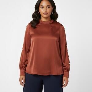 NWT Bar III Blouse Womens XXL Orange Mock Neck Satin Studded Sleeve Career Fall